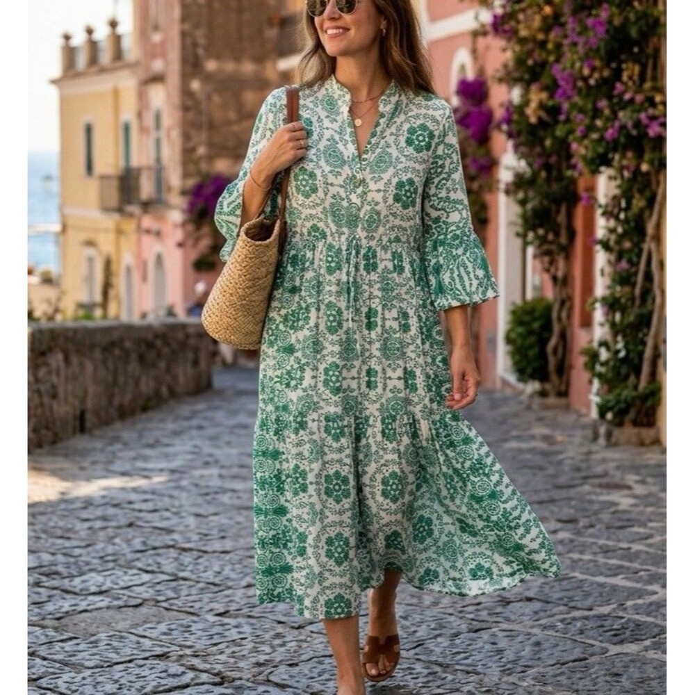 ⁠Made in Italy Green White Tile Print Tiered Midi Shirt Dress Viscose Boho M/L⁠
